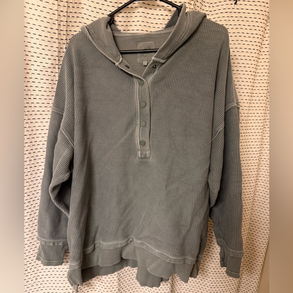 Aerie Oversized Ribbed Snap Front Hoodie Sweatshirt Olive Green